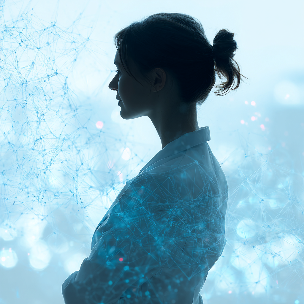 Woman silhouette with futuristic wellness and aesthetic technology overlay representing advanced wellness services